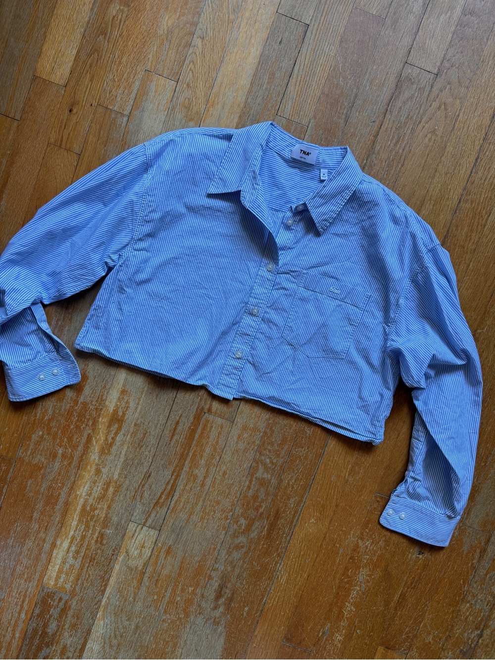 Aritzia TNA Blue and White Pinstripe Cropped Button-Down